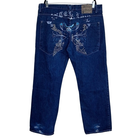Artful Dodger Vintage Embroidered Rhinestone Wide Leg Relaxed Jeans Worn 40x33 - Picture 1 of 16
